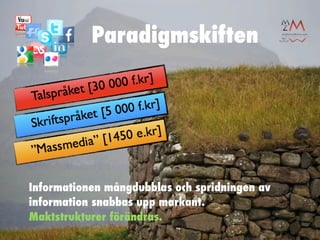 Paradigmskiften




Informationen mångdubblas och spridningen av
information snabbas upp markant.
Maktstrukturer förändras.
 
