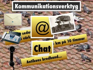 Kommunikationsverktyg



Duv  post   seda
                @ n Ant
                 ds kr
                        iken
                       iget
       II:a  värl                            mar
  till                              på 10 tim
                           1 000 km
                Chat
                           edband...
           An tike   ns br
 