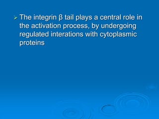  The integrin β tail plays a central role in
the activation process, by undergoing
regulated interations with cytoplasmic
proteins
 