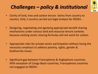 Challenges – policy & institutional
• Clarity of land, tree and carbon tenure. Varies from country to
  country. Only 1 country carried out legal analysis for REDD+.

• Designing, negotiating and agreeing appropriate benefit sharing
  mechanisms under various land and resource tenure contexts
  because existing sector sharing formulas will not work for carbon.

• Appropriate roles for private sector participation without losing the
  necessary emphasis to address poverty, rights, gender &
  biodiversity issues.

• Significant gap between Francophone & Anglophone countries.
  With exception of Congo Basin countries, Francophone countries
  not engaged on REDD+.
 