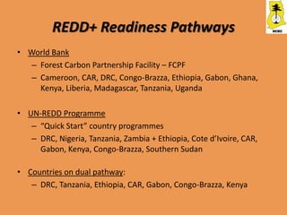 REDD+ Readiness Pathways
• World Bank
  – Forest Carbon Partnership Facility – FCPF
  – Cameroon, CAR, DRC, Congo-Brazza, Ethiopia, Gabon, Ghana,
    Kenya, Liberia, Madagascar, Tanzania, Uganda

• UN-REDD Programme
   – “Quick Start” country programmes
   – DRC, Nigeria, Tanzania, Zambia + Ethiopia, Cote d’Ivoire, CAR,
     Gabon, Kenya, Congo-Brazza, Southern Sudan

• Countries on dual pathway:
   – DRC, Tanzania, Ethiopia, CAR, Gabon, Congo-Brazza, Kenya
 