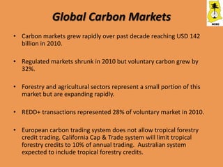 Global Carbon Markets
• Carbon markets grew rapidly over past decade reaching USD 142
  billion in 2010.

• Regulated markets shrunk in 2010 but voluntary carbon grew by
  32%.

• Forestry and agricultural sectors represent a small portion of this
  market but are expanding rapidly.

• REDD+ transactions represented 28% of voluntary market in 2010.

• European carbon trading system does not allow tropical forestry
  credit trading. California Cap & Trade system will limit tropical
  forestry credits to 10% of annual trading. Australian system
  expected to include tropical forestry credits.
 
