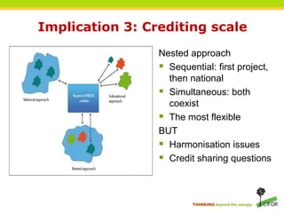 Implication 3: Crediting scaleNested approachSequential: first project,then nationalSimultaneous: both coexistThe most flexibleBUTHarmonisation issuesCredit sharing questions