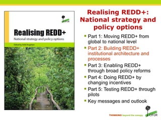 Realising REDD+:National strategy and policy optionsPart 1: Moving REDD+ from global to national levelPart 2: Building REDD+ institutional architecture and processesPart 3: Enabling REDD+ through broad policy reformsPart 4: Doing REDD+ by changing incentivesPart 5: Testing REDD+ through pilotsKey messages and outlook