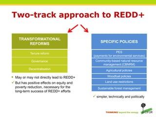 Two-track approach to REDD+TRANSFORMATIONAL REFORMSSPECIFIC POLICIESTenure reformPES(payments for environmental services)GovernanceCommunity-based natural resource management (CBNRM)DecentralisationAgricultural policiesWoodfuel policies May or may not directly lead to REDD+But has positive effects on equity and poverty reduction, necessary for the long-term success of REDD+ efforts Land use restrictions Sustainable forest managementsimpler, technically and politicallyEnabling REDD+ through broad policy reformsTenure and rightsRights are criticalTenure reform essential for long-term success of REDD+ (re 3Es: effectiveness, efficiency, equity)Some ‘no regrets’ REDD policies that should not be missedCarbon rights = precondition for subnational crediting (whom to pay?)CorruptionCreates severe limitations, in some cases very difficult to address (systemic institutional changes needed)Measurement, reporting and verification (MRV) of carbon and money can reduce risk of corruptionDecentralisation and community-based forest mgt.Enhancing 3E outcomes and legitimacyExtensive research on success factors (Ostrom)
