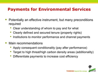 Integrated conservation and development projects and protected areasProtected areasprotect forests, even after controlling for passive protectionhave a greater role in REDD+ than previously assumedICDPs have mixed results, but reasons for poor performance are well understoodneed to learn from past experience