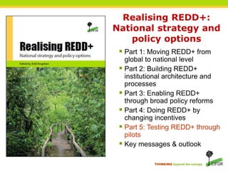 The landscape of emerging REDD+ projects 179 projects surveyedProjects can inform national REDD+ strategies ('mini test cases'), including reform priorities to enable local REDDLandscape of REDD+ projects varies significantly:Third party certification has a major influence - CCBS: Climate Community and Biodiversity Standards- VCS: Voluntary carbon standard