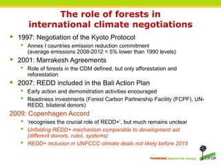 The role of forests in international climate negotiations1997: Negotiation of the Kyoto ProtocolAnnex I countries emission reduction commitment (average emissions 2008-2012 = 5% lower than 1990 levels)2001: Marrakesh AgreementsRole of forests in the CDM defined, but only afforestation and reforestation2007: REDD included in the Bali Action PlanEarly action and demonstration activities encouragedReadiness investments (Forest Carbon Partnership Facility (FCPF), UN-REDD, bilateral donors)2009: Copenhagen Accord‘recognises the crucial role of REDD+’, but much remains unclearUnfolding REDD+ mechanism comparable to development aid (different donors, rules, systems)REDD+ inclusion in UNFCCC climate deals not likely before 2015 