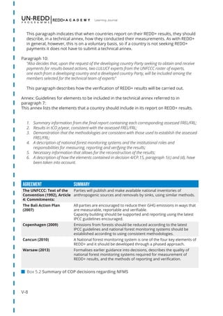 V-8
Learning Journal
This paragraph indicates that when countries report on their REDD+ results, they should
describe, in a technical annex, how they conducted their measurements. As with REDD+
in general, however, this is on a voluntary basis, so if a country is not seeking REDD+
payments it does not have to submit a technical annex.
Paragraph 10:
“Also decides that, upon the request of the developing country Party seeking to obtain and receive
payments for results-based actions, two LULUCF experts from the UNFCCC roster of experts,
one each from a developing country and a developed country Party, will be included among the
members selected for the technical team of experts”
This paragraph describes how the verification of REDD+ results will be carried out.
Annex: Guidelines for elements to be included in the technical annex referred to in
paragraph 7:
This annex lists the elements that a country should include in its report on REDD+ results.
1.	 Summary information from the final report containing each corresponding assessed FREL/FRL;
2.	 Results in tCO2
e/year, consistent with the assessed FREL/FRL;
3.	 Demonstration that the methodologies are consistent with those used to establish the assessed
FREL/FRL;
4.	 A description of national forest monitoring systems and the institutional roles and
responsibilities for measuring, reporting and verifying the results;
5.	 Necessary information that allows for the reconstruction of the results;
6.	 A description of how the elements contained in decision 4/CP.15, paragraph 1(c) and (d), have
been taken into account.
Agreement SummarY
The UNFCCC: Text of the
Convention (1992), Article
4: Commitments:
Parties will publish and make available national inventories of
anthropogenic sources and removals by sinks, using similar methods.
The Bali Action Plan
(2007)
All parties are encouraged to reduce their GHG emissions in ways that
are measurable, reportable and verifiable.
Capacity building should be supported and reporting using the latest
IPCC guidelines encouraged.
Copenhagen (2009) Emissions from forests should be reduced according to the latest
IPCC guidelines and national forest monitoring systems should be
established according to using consistent methodologies.
Cancun (2010) A National forest monitoring system is one of the four key elements of
REDD+ and it should be developed through a phased approach.
Warsaw (2013) Formalises earlier guidance into decisions, describes the quality of
national forest monitoring systems required for measurement of
REDD+ results, and the methods of reporting and verification.
 Box 5.2 Summary of COP decisions regarding NFMS
 