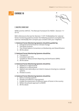 Chapter 5 | Forest Reference Emission Levels
V-23
EXERCISE 10 a
b
c
2. Multiple choice quiz
NFMS and the UNFCCC. The Warsaw Framework for REDD+. Decision 11/
CP.19.
With reference to the text for Decision 11/CP.19 (Modalities for national
forest monitoring systems) answer the following questions (complete the
exercise individually then compare your answers with your neighbor)
1. National Forest Monitoring Systems should be guided by;
a.	 Intergovernmental Panel on Climate Change
b.	 The Kyoto Protocol
c.	 The United Nations Convention on Biodiversity and Desertification
d.	 All the above
2. National Forest Monitoring Systems should be;
a.	 Transparent
b.	 Consistent over time
c.	 Suitable for Measurement Reporting and Verification (MRV)
d.	 All the above
3. National Forest Monitoring Systems should be;
a.	 Applied at a regional level
b.	 Applied at a national level
c.	 Applied sub-nationally as an interim measure (moving to a national
system)
d.	 Answers b and c
4. National Forest Monitoring Systems should be;
a.	 Built on existing systems
b.	 Flexible and allow for improvement
c.	 Enable the assessment of different types of forest in the country
d.	 Reflect the phased approach to REDD+
e.	 All the above
 