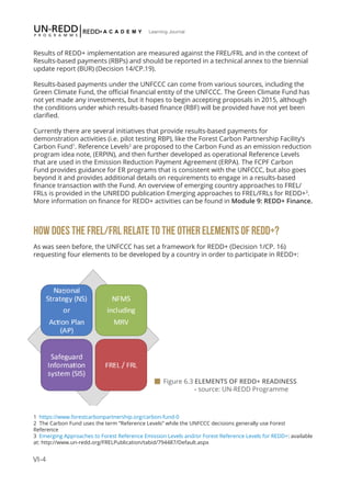 VI-4
Learning Journal
Results of REDD+ implementation are measured against the FREL/FRL and in the context of
Results-based payments (RBPs) and should be reported in a technical annex to the biennial
update report (BUR) (Decision 14/CP.19).
Results-based payments under the UNFCCC can come from various sources, including the
Green Climate Fund, the official financial entity of the UNFCCC. The Green Climate Fund has
not yet made any investments, but it hopes to begin accepting proposals in 2015, although
the conditions under which results-based finance (RBF) will be provided have not yet been
clarified.
Currently there are several initiatives that provide results-based payments for
demonstration activities (i.e. pilot testing RBP), like the Forest Carbon Partnership Facility’s
Carbon Fund1
. Reference Levels2
are proposed to the Carbon Fund as an emission reduction
program idea note, (ERPIN), and then further developed as operational Reference Levels
that are used in the Emission Reduction Payment Agreement (ERPA). The FCPF Carbon
Fund provides guidance for ER programs that is consistent with the UNFCCC, but also goes
beyond it and provides additional details on requirements to engage in a results-based
finance transaction with the Fund. An overview of emerging country approaches to FREL/
FRLs is provided in the UNREDD publication Emerging approaches to FREL/FRLs for REDD+3
.
More information on finance for REDD+ activities can be found in Module 9: REDD+ Finance.
HOW DOES THE FREL/FRL RELATE TO THE OTHER ELEMENTS OF REDD+?
As was seen before, the UNFCCC has set a framework for REDD+ (Decision 1/CP. 16)
requesting four elements to be developed by a country in order to participate in REDD+:
 Figure 6.3 ELEMENTS OF REDD+ READINESS 	
	 - source: UN-REDD Programme
1 https://www.forestcarbonpartnership.org/carbon-fund-0
2 The Carbon Fund uses the term “Reference Levels” while the UNFCCC decisions generally use Forest 		
Reference
3 Emerging Approaches to Forest Reference Emission Levels and/or Forest Reference Levels for REDD+: available
at: http://www.un-redd.org/FRELPublication/tabid/794487/Default.aspx
 