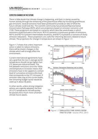 I-8
Learning Journal
EXPECTED CHANGES IN THE FUTURE
There is little doubt that climate change is happening, and that it is being caused by
human activity through the enhancing of the greenhouse effect by increasing greenhouse
gas emissions. Several scenarios have been produced to provide an idea of what the
future climate could look like. The scientific community has produced Representative
Concentration Pathways (RCP), which are projections based on emission scenarios until
2100. These projections are based on scenarios which describe several ways in which
emissions could fluctuate in the future. RCP 8.5 presents a continuous growth of emissions,
RCP 6 and RCP 4.5 present intermediate situations, and RCP 2.6 presents a scenario of sharp
emission reductions. These projections are useful for informing decisions related to future
climate. The projections for change in temperature are shown in Figure 1.7.
Figure 1.7 shows that unless important
action is taken to reduce emissions;
there will be drastic changes in the
climate which will strongly affect the
environment.
Current international agreements have
set a goal that the rise in average world
temperature should not go higher than
2°C above pre-industrial levels. The
link between emissions since the 1850s
and temperature increases means that
emissions have to be capped at a certain
level of cumulative emissions (the level
that corresponds to the 2°C increase). If
emission rates stay at the current levels,
the remaining budget ‘quota’ would be
used up in about 30 years.
In other words, unless strong mitigation
actions are urgently adopted, the limit
of a 2°C temperature rise will quickly
be passed and a much more uncertain
climate future awaits.
 Figure 1.7 SIMULATED TIME SERIES FROM 	 	
	 1950 TO 2100 - source: IPCC, 2013
 
