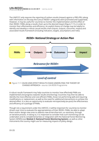 VII-28
Learning Journal
The UNFCCC only requires the reporting of carbon results (impact) against a FREL/FRL (along
with information on the way the Cancun REDD+ safeguards were promoted and supported).
However, it may be useful for countries to monitor the implementation and the effect of
their REDD+ PAMs along a results chain up to the desired impact (Figure 7.11), in order to
monitor their effectiveness and efficiency. An explicit theory of change may be helpful to
identify and develop a robust causal results chain (inputs, outputs, outcomes, impact) and
associated results framework (including indicators, targets, assumptions and risks).
A robust results framework may help countries to monitor how effectively PAMs are
implemented and progress towards results (monitoring). Countries may then be able to
identify the most effective and cost-efficient PAMs, those not performing well and requiring
modifications or replacement, as well as the need for additional interventions to achieve the
desired effect. It is also an opportunity to evaluate retrospectively (ex-post) the effectiveness
and efficiency of a package of PAMs.
Though not a requirement under the UNFCCC, it will be important for countries to monitor
drivers over time to evaluate the appropriateness of their REDD+ PAMs, be able to adapt
them and/or design new ones to address new drivers/barriers, as necessary, through
an iterative process. In doing so, it is important to consider how such monitoring can be
undertaken and its complementarities or integration with the National Forest Monitoring
System (NFMS) (see Module 5: National Forest Monitoring System), as well as other
instruments the country might use for measuring impacts of policy design.
 Figure 7.11 CAUSE-AND-EFFECT RESULTS CHAIN UNDERLYING THE THEORY OF 		 	
		 CHANGE APPROACH - source: UN-REDD Programme
 