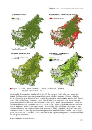 Chapter 1 | Forest, Carbon Sequestration and Climate Change
I-11
 Figure 1.10 EVOLUTION OF FOREST COVER ON BORNEO ISLAND
	 - source: Gaveau et al., 2014
Historically, deforestation was largely in the US, Europe and Eastern Europe, today, the
largest deforestation rates are observed in tropical rain forest regions. Figure 1.11 also
shows that the USA and Europe have reversed the trend and are now increasing their forest
cover. This highlights an important issue, that although the destruction of forests causes
the release of carbon dioxide, their restoration can act as a sink for atmospheric carbon. As
mentioned previously, the net contribution of land use change to global emissions is about
10% (0.9 PgC/yr), which is the contribution calculated by combining both emissions due to
deforestation and the sequestration of carbon due to forest recovery. The gross emissions
from deforestation and degradation are larger than the net emissions (about 2.8 ± 0.5 PgC/
yr for the 2000s, IPCC AR5 WGI, 20134
) because of the significant regrowth that compensates
for the gross emissions.
4 http://www.ipcc.ch/report/ar5/wg1/
 