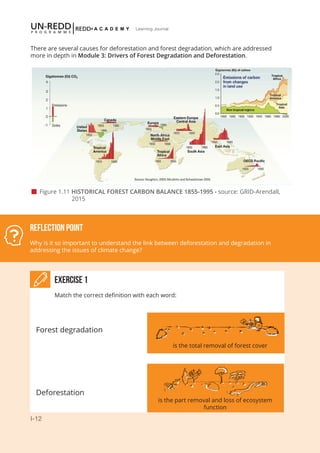 I-12
Learning Journal
Exercise 1
There are several causes for deforestation and forest degradation, which are addressed
more in depth in Module 3: Drivers of Forest Degradation and Deforestation.
 Figure 1.11 HISTORICAL FOREST CARBON BALANCE 1855-1995 - source: GRID-Arendall, 	 	
		 2015
Reflection Point
Why is it so important to understand the link between deforestation and degradation in
addressing the issues of climate change?
Match the correct definition with each word:
is the total removal of forest cover
is the part removal and loss of ecosystem
function
Forest degradation
Deforestation
 