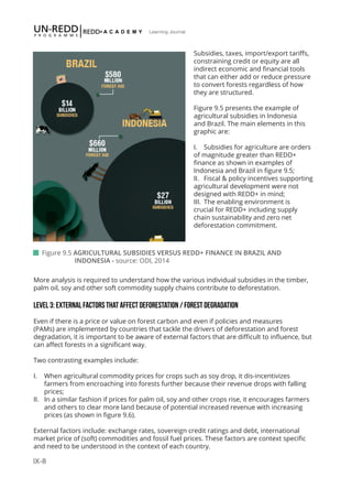 IX-8
Learning Journal
Subsidies, taxes, import/export tariffs,
constraining credit or equity are all
indirect economic and financial tools
that can either add or reduce pressure
to convert forests regardless of how
they are structured.
Figure 9.5 presents the example of
agricultural subsidies in Indonesia
and Brazil. The main elements in this
graphic are:
I.	 Subsidies for agriculture are orders
of magnitude greater than REDD+
finance as shown in examples of
Indonesia and Brazil in figure 9.5;
II.	 Fiscal & policy incentives supporting
agricultural development were not
designed with REDD+ in mind;
III.	 The enabling environment is
crucial for REDD+ including supply
chain sustainability and zero net
deforestation commitment.
More analysis is required to understand how the various individual subsidies in the timber,
palm oil, soy and other soft commodity supply chains contribute to deforestation.
Level 3: External factors that affect deforestation / forest degradation
Even if there is a price or value on forest carbon and even if policies and measures
(PAMs) are implemented by countries that tackle the drivers of deforestation and forest
degradation, it is important to be aware of external factors that are difficult to influence, but
can affect forests in a significant way.
Two contrasting examples include:
I.	 When agricultural commodity prices for crops such as soy drop, it dis-incentivizes
farmers from encroaching into forests further because their revenue drops with falling
prices;
II.	 In a similar fashion if prices for palm oil, soy and other crops rise, it encourages farmers
and others to clear more land because of potential increased revenue with increasing
prices (as shown in figure 9.6).
External factors include: exchange rates, sovereign credit ratings and debt, international
market price of (soft) commodities and fossil fuel prices. These factors are context specific
and need to be understood in the context of each country.
 Figure 9.5 AGRICULTURAL SUBSIDIES VERSUS REDD+ FINANCE IN BRAZIL AND 		
	 INDONESIA - source: ODI, 2014
 