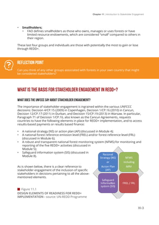Chapter 11 | Introduction to Stakeholder Engagement
XI-3
•	 Smallholders;
•	 FAO defines smallholders as those who owns, manages or uses forests or have
limited resource endowments, which are considered “small” compared to others in
their region.
These last four groups and individuals are those with potentially the most to gain or lose
through REDD+.
WHAT IS THE BASIS FOR STAKEHOLDER ENGAGEMENT IN REDD+?
WHAT DOES THE UNFCCC SAY ABOUT STAKEHOLDER ENGAGEMENT?
The importance of stakeholder engagement is ingrained within the various UNFCCC
decisions: Decision 4/CP.15 (2009) in Copenhagen, Decision 1/CP.16 (2010) in Cancun,
Decision 12/CP.17 (2011) in Durban, and Decision 15/CP.19 (2013) in Warsaw. In particular,
Paragraph 71 of Decision 1/CP.16, also known as the Cancun Agreements, requests
countries to have the following elements in place for REDD+ implementation, and to access
results-based payments or results based finance:
•	 A national strategy (NS) or action plan (AP) (discussed in Module 4);
•	 A national forest reference emission level (FREL) and/or forest reference level (FRL)
(discussed in Module 6);
•	 A robust and transparent national forest monitoring system (NFMS) for monitoring and
reporting of the five REDD+ activities (discussed in
Module 5);
•	 Safeguard information system (SIS) (discussed in
Module 8).
As is shown below, there is a clear reference to
stakeholder engagement of the inclusion of specific
stakeholders in decisions pertaining to all the above-
mentioned elements.
Reflection Point
Can you think of any other groups associated with forests in your own country that might
be considered stakeholders?
DESIGN ELEMENTS OF READINESS FOR REDD+
IMPLEMENTATION - source: UN-REDD Programme
 Figure 11.1
 