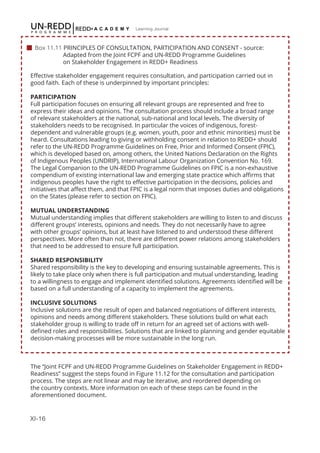 XI-16
Learning Journal
Effective stakeholder engagement requires consultation, and participation carried out in
good faith. Each of these is underpinned by important principles:
PARTICIPATION
Full participation focuses on ensuring all relevant groups are represented and free to
express their ideas and opinions. The consultation process should include a broad range
of relevant stakeholders at the national, sub-national and local levels. The diversity of
stakeholders needs to be recognised. In particular the voices of indigenous, forest-
dependent and vulnerable groups (e.g. women, youth, poor and ethnic minorities) must be
heard. Consultations leading to giving or withholding consent in relation to REDD+ should
refer to the UN-REDD Programme Guidelines on Free, Prior and Informed Consent (FPIC),
which is developed based on, among others, the United Nations Declaration on the Rights
of Indigenous Peoples (UNDRIP), International Labour Organization Convention No. 169.
The Legal Companion to the UN-REDD Programme Guidelines on FPIC is a non-exhaustive
compendium of existing international law and emerging state practice which affirms that
indigenous peoples have the right to effective participation in the decisions, policies and
initiatives that affect them, and that FPIC is a legal norm that imposes duties and obligations
on the States (please refer to section on FPIC).
MUTUAL UNDERSTANDING
Mutual understanding implies that different stakeholders are willing to listen to and discuss
different groups’ interests, opinions and needs. They do not necessarily have to agree
with other groups’ opinions, but at least have listened to and understood these different
perspectives. More often than not, there are different power relations among stakeholders
that need to be addressed to ensure full participation.
SHARED RESPONSIBILITY
Shared responsibility is the key to developing and ensuring sustainable agreements. This is
likely to take place only when there is full participation and mutual understanding, leading
to a willingness to engage and implement identified solutions. Agreements identified will be
based on a full understanding of a capacity to implement the agreements.
INCLUSIVE SOLUTIONS
Inclusive solutions are the result of open and balanced negotiations of different interests,
opinions and needs among different stakeholders. These solutions build on what each
stakeholder group is willing to trade off in return for an agreed set of actions with well-
defined roles and responsibilities. Solutions that are linked to planning and gender equitable
decision-making processes will be more sustainable in the long run.
The “Joint FCPF and UN-REDD Programme Guidelines on Stakeholder Engagement in REDD+
Readiness” suggest the steps found in Figure 11.12 for the consultation and participation
process. The steps are not linear and may be iterative, and reordered depending on
the country contexts. More information on each of these steps can be found in the
aforementioned document.
 
 Box 11.11 PRINCIPLES OF CONSULTATION, PARTICIPATION AND CONSENT - source: 		
	 Adapted from the Joint FCPF and UN-REDD Programme Guidelines 			
	 on Stakeholder Engagement in REDD+ Readiness
 