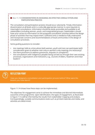 Chapter 11 | Introduction to Stakeholder Engagement
XI-19
The consultation and participation process should occur voluntarily. Timely information
dissemination at all levels and in a culturally appropriate manner is a pre-requisite to
meaningful consultations. Information should be easily accessible and available to all
stakeholders (including women, youth, and marginalised groups). Stakeholders should
have prior access to information on the proposed consultation activities before the design
phase of activities that may impact them. Sufficient time is needed to fully understand
and incorporate concerns and recommendations of local communities in the design of
consultation processes.
Some guiding questions to consider:
•	 Are meetings held at a time where both women, youth and men can participate (with
consideration given to whether men only or women’s only meetings are necessary)?
•	 Are there provisions to address grievances, disputes or complaints?
•	 Are consultations with indigenous peoples being carried out through their own existing
processes, organizations and institutions, e.g., councils of elders, headmen and tribal
leaders?
Figure 11.14 shows how these steps can be implemented.
The objectives for engagement serve to achieve the immediate and desired intermediate
outcomes of the programme. Upon identification, the types of engagement, as illustrated
in Figure 11.9, will be informed by the results from stakeholder mapping and analysis.
Correspondingly, suitable communications tools such as printed materials and media, and
activities are determined.
 Box 11.13 CONSIDERATIONS IN DESIGNING AN EFFECTIVE CONSULTATION AND 	 	 	
PARTICIPATION PROCESS
Reflection Point
Have you designed a consultation and participation process before? What were the
lessons you have learnt?
 