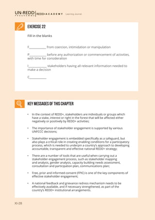XI-28
Learning Journal
Exercise 22
Fill in the blanks
F____________ from coercion, intimidation or manipulation
P____________ before any authorization or commencement of activities,
with time for consideration
I_____________ stakeholders having all relevant information needed to
make a decision
C____________
KEY MESSAGES of This CHAPTER
•	 In the context of REDD+, stakeholders are individuals or groups which
have a stake, interest or right in the forest that will be affected either
negatively or positively by REDD+ activities;
•	 The importance of stakeholder engagement is supported by various
UNFCCC decisions;
•	 Stakeholder engagement is embedded specifically as a safeguard, but
also plays a critical role in creating enabling conditions for a participatory
process, which is needed to underpin a country’s approach to developing
accountable, transparent and effective national REDD+ strategy;
•	 There are a number of tools that are useful when carrying out a
stakeholder engagement process, such as stakeholder mapping
and analysis, gender analysis, capacity building needs assessment,
consultation and participation plan, communications plan;
•	 Free, prior and informed consent (FPIC) is one of the key components of
effective stakeholder engagement;
•	 A national feedback and grievance redress mechanism needs to be
effectively available, and if necessary strengthened, as part of the
country’s REDD+ institutional arrangements.
 