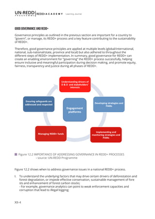 XII-4
Learning Journal
GOOD GOVERNANCE AND REDD+
Governance principles as outlined in the previous section are important for a country to
“govern”, or manage, its REDD+ process and a key feature contributing to the sustainability
of REDD+.
Therefore, good governance principles are applied at multiple levels (global/international,
national, sub-national/state, province and local) but also adhered to throughout the
different steps of REDD+ implementation. In summary, good governance for REDD+ can
create an enabling environment for “governing” the REDD+ process successfully, helping
ensure inclusive and meaningful participation during decision making, and promote equity,
fairness, transparency and justice during all phases of REDD+.
 Figure 12.2 IMPORTANCE OF ADDRESSING GOVERNANCE IN REDD+ PROCESSES
	 - source: UN-REDD Programme
Figure 12.2 shows when to address governance issues in a national REDD+ process.
I.	 To understand the underlying factors that may drive certain drivers of deforestation and
forest degradation, or impede effective conservation, sustainable management of fore
sts and enhancement of forest carbon stocks; 						
- For example, governance analytics can point to weak enforcement capacities and
corruption that lead to illegal logging;
 