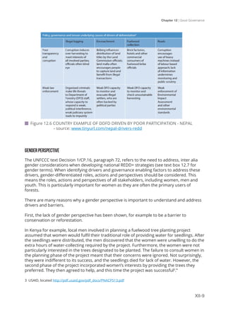 Chapter 12 | Good Governance
XII-9
GENDER PERSPECTIVE
The UNFCCC text Decision 1/CP.16, paragraph 72, refers to the need to address, inter alia
gender considerations when developing national REDD+ strategies (see text box 12.7 for
gender terms). When identifying drivers and governance enabling factors to address these
drivers, gender-differentiated roles, actions and perspectives should be considered. This
means the roles, actions and perspectives of all stakeholders, including women, men and
youth. This is particularly important for women as they are often the primary users of
forests.
There are many reasons why a gender perspective is important to understand and address
drivers and barriers.
First, the lack of gender perspective has been shown, for example to be a barrier to
conservation or reforestation.
In Kenya for example, local men involved in planning a fuelwood tree planting project
assumed that women would fulfil their traditional role of providing water for seedlings. After
the seedlings were distributed, the men discovered that the women were unwilling to do the
extra hours of water-collecting required by the project. Furthermore, the women were not
particularly interested in the trees designated to be planted. The failure to consult women in
the planning phase of the project meant that their concerns were ignored. Not surprisingly,
they were indifferent to its success, and the seedlings died for lack of water. However, the
second phase of the project incorporated women’s interests by providing the trees they
preferred. They then agreed to help, and this time the project was successful3
.”
 Figure 12.6 COUNTRY EXAMPLE OF DDFD DRIVEN BY POOR PARTICIPATION - NEPAL
	 - source: www.tinyurl.com/nepal-drivers-redd
3 USAID, located http://pdf.usaid.gov/pdf_docs/PNACP513.pdf
 