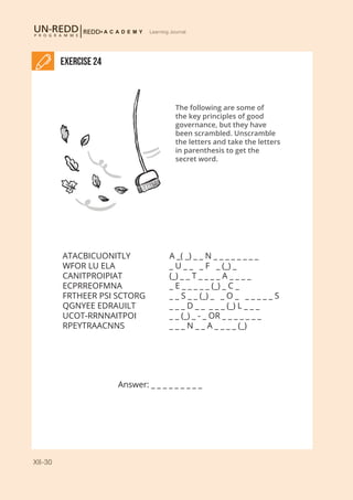 XII-30
Learning Journal
Exercise 24
The following are some of
the key principles of good
governance, but they have
been scrambled. Unscramble
the letters and take the letters
in parenthesis to get the
secret word.
ATACBICUONITLY 	 	 A _( _) _ _ N _ _ _ _ _ _ _ _
WFOR LU ELA			 _ U _ _ _ F _ (_) _
CANITPROIPIAT			 (_) _ _ T _ _ _ _ A _ _ _ _
ECPRREOFMNA			 _ E _ _ _ _ _ (_) _ C _
FRTHEER PSI SCTORG		 _ _ S _ _ (_) _ _ O _ _ _ _ _ _ S
QGNYEE EDRAUILT		 _ _ _ D _ _ _ _ _ (_) L _ _ _
UCOT-RRNNAITPOI 		 _ _ (_) _ - _ OR _ _ _ _ _ _ _
RPEYTRAACNNS			 _ _ _ N _ _ A _ _ _ _ (_)
Answer: _ _ _ _ _ _ _ _ _
 