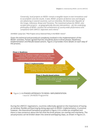 Chapter 2 | Understanding REDD+ and the UNFCCC
II-9
Conversely, local projects on REDD+ remain a tangible means to test innovations and
to accomplish concrete results. In fact, REDD+ projects of diverse sizes and designs
are advancing in several countries, such as Colombia, the Democratic Republic of
the Congo, Indonesia, Kenya and Tanzania. The investment phase for REDD+ also
accepts pilot projects – as geographically discrete interventions – yet the underlying
philosophy of REDD+ remains the achievement of country-wide performance and
compliance with UNFCCC objectives and criteria.”
UN-REDD / Josep Garí, “Pilot Projects versus National Policy in the REDD+ Arena”2
.
Given the technical and procedural complexity involved in the implementation of the
REDD+ activities, Parties agreed that this should be done in three phases: Readiness,
Implementation and Results-based actions. Figure 2.4 provides more details on each step of
the process.
During the UNFCCC negotiations, countries collectively agreed on the importance of having
an iterative, flexible and learning-by-doing approach to REDD+ implementation. In practice,
however, the theoretical framework proposed in Figure 2.4 is a little too simplified and
there is now consensus about the fact that the three phases can overlap and intertwine. The
actual process can be broken down into several overlapping steps, as shown in Figure 2.5.
 Figure 2.4 A PHASED APPROACH TO REDD+ IMPLEMENTATION
		 - source: UN-REDD Programme
 