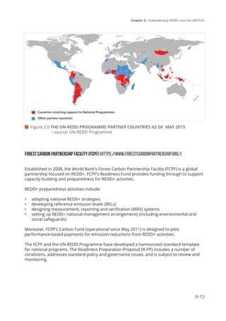 Chapter 2 | Understanding REDD+ and the UNFCCC
II-13
 Figure 2.6 THE UN-REDD PROGRAMME PARTNER COUNTRIES AS OF MAY 2015
	 - source: UN-REDD Programme
FOREST CARBON PARTNERSHIP FACILITY (FCPF) (HTTPS://WWW.FORESTCARBONPARTNERSHIP.ORG/)
Established in 2008, the World Bank’s Forest Carbon Partnership Facility (FCPF) is a global
partnership focused on REDD+. FCPF’s Readiness Fund provides funding through to support
capacity building and preparedness for REDD+ activities.
REDD+ preparedness activities include:
•	 adopting national REDD+ strategies
•	 developing reference emission levels (RELs)
•	 designing measurement, reporting and verification (MRV) systems
•	 setting up REDD+ national management arrangements (including environmental and
social safeguards)
Moreover, FCPF’s Carbon Fund (operational since May 2011) is designed to pilot
performance-based payments for emission reductions from REDD+ activities.
The FCPF and the UN-REDD Programme have developed a harmonized standard template
for national programs. The Readiness Preparation Proposal (R-PP) includes a number of
conditions, addresses standard policy and governance issues, and is subject to review and
monitoring.
 