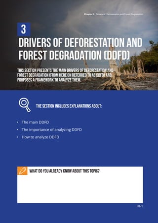 Chapter 3 | Drivers of Deforestation and Forest Degradation
III-1
DRIVERS OF DEFORESTATION AND
FOREST DEGRADATION (DDFD)
This section presents the main drivers of deforestation and
forest degradation (from here on referred to as DDFD) and
proposes a framework to analyze them.
		 The section includes explanations about:
•	 The main DDFD
•	 The importance of analyzing DDFD
•	 How to analyze DDFD
What do you already know about this topic?
3
Chapter 3 | Drivers of Deforestation and Forest Degradation
III-1
 