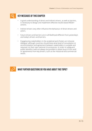 Chapter 3 | Drivers of Deforestation and Forest Degradation
III-15
KEY MESSAGES of This CHAPTER
•	 A good understanding of direct and indirect drivers, as well as barriers,
is necessary to design and implement effective results-based REDD+
actions.
•	 Indirect drivers very often influence the behaviour of direct drivers and
actors.
•	 Future drivers and barriers are in all likelihood different from yesterday’s
and today’s drivers and barriers.
•	 Engaging key stakeholders in the analytical work fosters an inclusive
dialogue, although countries should base what level of consultation or
accommodation and agreement between stakeholders is suitable and
required, on their own national circumstances. In order to safeguard
public benefits it will not always be possible to obtain buy-in from and/
or agreements from key drivers, such as the industrial and commercial
sector.
What further Questions do you have about this topic?
 