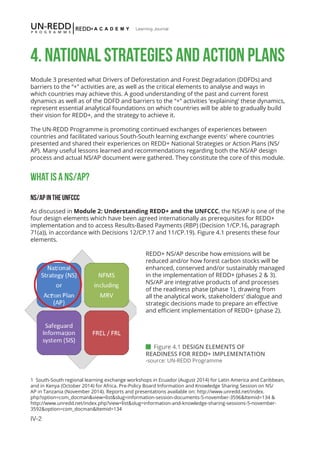 IV-2
Learning Journal
4. NATIONAL STRATEGIES AND ACTION PLANS
Module 3 presented what Drivers of Deforestation and Forest Degradation (DDFDs) and
barriers to the “+” activities are, as well as the critical elements to analyse and ways in
which countries may achieve this. A good understanding of the past and current forest
dynamics as well as of the DDFD and barriers to the “+” activities ‘explaining’ these dynamics,
represent essential analytical foundations on which countries will be able to gradually build
their vision for REDD+, and the strategy to achieve it.
The UN-REDD Programme is promoting continued exchanges of experiences between
countries and facilitated various South-South learning exchange events1
where countries
presented and shared their experiences on REDD+ National Strategies or Action Plans (NS/
AP). Many useful lessons learned and recommendations regarding both the NS/AP design
process and actual NS/AP document were gathered. They constitute the core of this module.
WHAT IS A NS/AP?
NS/AP IN THE UNFCCC
As discussed in Module 2: Understanding REDD+ and the UNFCCC, the NS/AP is one of the
four design elements which have been agreed internationally as prerequisites for REDD+
implementation and to access Results-Based Payments (RBP) (Decision 1/CP.16, paragraph
71(a)), in accordance with Decisions 12/CP.17 and 11/CP.19). Figure 4.1 presents these four
elements.
REDD+ NS/AP describe how emissions will be
reduced and/or how forest carbon stocks will be
enhanced, conserved and/or sustainably managed
in the implementation of REDD+ (phases 2 & 3).
NS/AP are integrative products of and processes
of the readiness phase (phase 1), drawing from
all the analytical work, stakeholders’ dialogue and
strategic decisions made to prepare an effective
and efficient implementation of REDD+ (phase 2).
1 South-South regional learning exchange workshops in Ecuador (August 2014) for Latin America and Caribbean,
and in Kenya (October 2014) for Africa. Pre-Policy Board Information and Knowledge Sharing Session on NS/
AP in Tanzania (November 2014). Reports and presentations available on: http://www.unredd.net/index.
php?option=com_docman&view=list&slug=information-session-documents-5-november-3596&Itemid=134 &
http://www.unredd.net/index.php?view=list&slug=information-and-knowledge-sharing-sessions-5-november-
3592&option=com_docman&Itemid=134
 Figure 4.1 DESIGN ELEMENTS OF
READINESS FOR REDD+ IMPLEMENTATION
-source: UN-REDD Programme
 