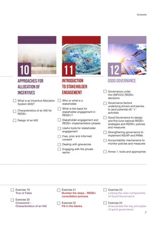Contents
7
INTRODUCTION
TO STAKEHOLDER
ENGAGEMENT
APPROACHES FOR
ALLOCATION OF
INCENTIVES
GOOD GOVERNANCE
10 11 12
Who or what is a
stakeholder 	
What is the basis for
stakeholder engagement in
REDD+?
Stakeholder engagement and
REDD+ implementation phases
Useful tools for stakeholder
engagement
Free, prior and informed
consent
Dealing with grievances
Engaging with the private
sector
Governance under
the UNFCCC REDD+
decisions	
Governance factors
underlying drivers and barries
to (and potential of) “+”
activities 	
Good Governance to design
and fine tune national REDD+
strategies and REDD+ policies
and measures
Strengthening governance to
implement NS/AP and PAMs
Accountability mechanisms to
monitor policies and measures 	
	
Annex 1: tools and approaches
What is an Incentive Allocation
System (IAS)?
Characteristics of an IAS for
REDD+
Design of an IAS
Exercise 19 	
True or False
Exercise 20	 	
Crossword -
Characteristics of an IAS
Exercise 21
Number the steps - REDD+
consultation process
Exercise 22
Fill in the blanks
Exercise 23
Linking the main components 	
of Good Governance
Exercise 24		
Unscramble the key principles
of good governance
 