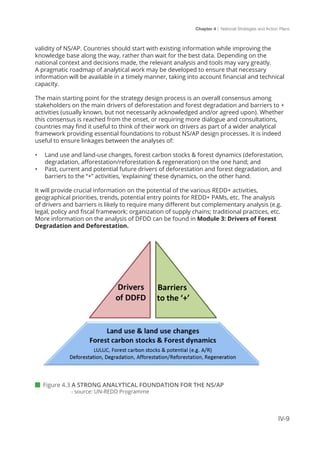 Chapter 4 | National Strategies and Action Plans
IV-9
validity of NS/AP. Countries should start with existing information while improving the
knowledge base along the way, rather than wait for the best data. Depending on the
national context and decisions made, the relevant analysis and tools may vary greatly.
A pragmatic roadmap of analytical work may be developed to ensure that necessary
information will be available in a timely manner, taking into account financial and technical
capacity.
The main starting point for the strategy design process is an overall consensus among
stakeholders on the main drivers of deforestation and forest degradation and barriers to +
activities (usually known, but not necessarily acknowledged and/or agreed upon). Whether
this consensus is reached from the onset, or requiring more dialogue and consultations,
countries may find it useful to think of their work on drivers as part of a wider analytical
framework providing essential foundations to robust NS/AP design processes. It is indeed
useful to ensure linkages between the analyses of:
•	 Land use and land-use changes, forest carbon stocks & forest dynamics (deforestation,
degradation, afforestation/reforestation & regeneration) on the one hand; and
•	 Past, current and potential future drivers of deforestation and forest degradation, and
barriers to the “+” activities, ‘explaining’ these dynamics, on the other hand.
It will provide crucial information on the potential of the various REDD+ activities,
geographical priorities, trends, potential entry points for REDD+ PAMs, etc. The analysis
of drivers and barriers is likely to require many different but complementary analysis (e.g.
legal, policy and fiscal framework; organization of supply chains; traditional practices, etc.
More information on the analysis of DFDD can be found in Module 3: Drivers of Forest
Degradation and Deforestation.
 Figure 4.3 A STRONG ANALYTICAL FOUNDATION FOR THE NS/AP
	 - source: UN-REDD Programme
 