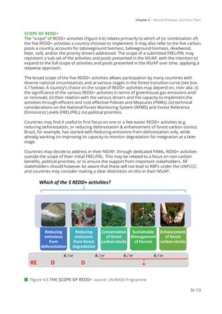 Chapter 4 | National Strategies and Action Plans
IV-13
 Figure 4.6 THE SCOPE OF REDD+ -source: UN-REDD Programme
SCOPE OF REDD+
The “scope” of REDD+ activities (Figure 4.6) relates primarily to which of (or combination of)
the five REDD+ activities a country chooses to implement. It may also refer to the five carbon
pools a country accounts for (aboveground biomass, belowground biomass, deadwood,
litter, soil), and/or the priority drivers addressed. The scope of a submitted FREL/FRL may
represent a sub-set of the activities and pools presented in the NS/AP, with the intention to
expand to the full scope of activities and pools presented in the NS/AP over time, applying a
stepwise approach.
The broad scope of the five REDD+ activities allows participation by many countries with
diverse national circumstances and at various stages in the forest transition curve (see box
4.7 below). A country’s choice on the scope of REDD+ activities may depend on, inter alia: (i)
the significance of the various REDD+ activities in terms of greenhouse gas emissions and/
or removals; (ii) their relation with the various drivers and the capacity to implement the
activities through efficient and cost-effective Policies and Measures (PAMs); (iii) technical
considerations on the National Forest Monitoring System (NFMS) and Forest Reference
(Emissions) Levels (FREL/FRL); (iv) political priorities.
Countries may find it useful to first focus on one or a few easier REDD+ activities (e.g.
reducing deforestation, or reducing deforestation & enhancement of forest carbon stocks).
Brazil, for example, has started with Reducing emissions from deforestation only, while
already working on improving its capacity to monitor degradation for integration at a later
stage.
Countries may decide to address in their NS/AP, through dedicated PAMs, REDD+ activities
outside the scope of their initial FREL/FRL. This may be related to a focus on non-carbon
benefits, political priorities, or to ensure the support from important stakeholders. All
stakeholders should however be aware that these will not lead to RBPs under the UNFCCC,
and countries may consider making a clear distinction on this in their NS/AP.
 