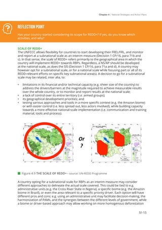 Chapter 4 | National Strategies and Action Plans
IV-15
 Figure 4.9 THE SCALE OF REDD+ - source: UN-REDD Programme
Reflection Point
Has your country started considering its scope for REDD+? If yes, do you know which
activities, and why?
SCALE OF REDD+
The UNFCCC allows flexibility for countries to start developing their FREL/FRL, and monitor
and report at a subnational scale as an interim measure (Decision 1 CP/16, para 71b and
c). In that sense, the scale of REDD+ refers primarily to the geographical area in which the
country will implement REDD+ towards RBPs. Regardless, a NS/AP should be developed
at the national scale, as does the SIS (Decision 1 CP/16, para 71a and d). A country may
however opt for a subnational scale, or for a national scale while focusing part or all of its
REDD-relevant efforts on specific key subnational area(s). A decision to go for a subnational
scale may be related, inter alia, to:
•	 limitations in its financial and/or technical capacity (e.g. sheer size of the country) to
address the drivers/barriers at the magnitude required to achieve measurable results
over the whole country, or to monitor and report results at the national scale;
•	 a lack of control over its entire territory (i.e. armed groups);
•	 its geographical development priorities; and
•	 testing various approaches and tools in a more specific context (e.g. the Amazon biome)
or with easier control (i.e. less spread out, less actors involved), while building capacity
towards a more effective national-scale implementation (i.e. communication and training
material, tools and process).
A country opting for a subnational scale for RBPs as an interim measure may consider
different approaches to delineate the actual scale covered. This could be tied to e.g.
administrative units (e.g. the Cross River State in Nigeria), a specific biome (e.g. the Amazon
biome in Brazil), or even the area relevant to a specific priority driver. Each option will have
different pros and cons: e.g. using an administrative unit may facilitate decision-making, the
harmonization of PAMs, and the synergies between the different levels of government, while
a biome or driver-based approach may allow working on more homogenous deforestation
 