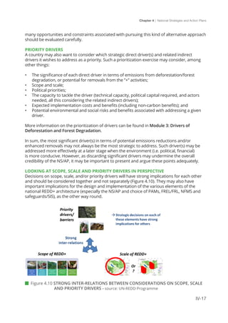 Chapter 4 | National Strategies and Action Plans
IV-17
many opportunities and constraints associated with pursuing this kind of alternative approach
should be evaluated carefully.
PRIORITY DRIVERS
A country may also want to consider which strategic direct driver(s) and related indirect
drivers it wishes to address as a priority. Such a prioritization exercise may consider, among
other things:
•	 The significance of each direct driver in terms of emissions from deforestation/forest
degradation, or potential for removals from the ”+” activities;
•	 Scope and scale;
•	 Political priorities;
•	 The capacity to tackle the driver (technical capacity, political capital required, and actors
needed, all this considering the related indirect drivers);
•	 Expected implementation costs and benefits (including non-carbon benefits); and
•	 Potential environmental and social risks and benefits associated with addressing a given
driver.
More information on the prioritization of drivers can be found in Module 3: Drivers of
Deforestation and Forest Degradation.
In sum, the most significant driver(s) in terms of potential emissions reductions and/or
enhanced removals may not always be the most strategic to address. Such driver(s) may be
addressed more effectively at a later stage when the environment (i.e. political, financial)
is more conducive. However, as discarding significant drivers may undermine the overall
credibility of the NS/AP, it may be important to present and argue these points adequately.
LOOKING AT SCOPE, SCALE AND PRIORITY DRIVERS IN PERSPECTIVE
Decisions on scope, scale, and/or priority drivers will have strong implications for each other
and should be considered together and not separately (Figure 4.10). They may also have
important implications for the design and implementation of the various elements of the
national REDD+ architecture (especially the NS/AP and choice of PAMs, FREL/FRL, NFMS and
safeguards/SIS), as the other way round.
 Figure 4.10 STRONG INTER-RELATIONS BETWEEN CONSIDERATIONS ON SCOPE, SCALE 	 	
	 AND PRIORITY DRIVERS - source: UN-REDD Programme
 