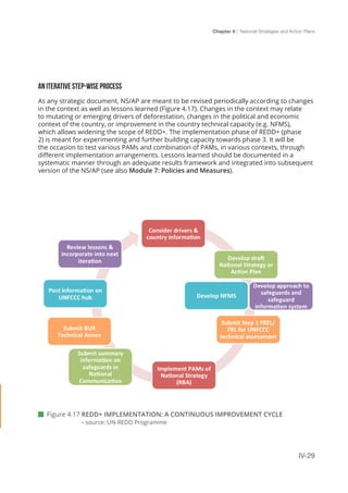 Chapter 4 | National Strategies and Action Plans
IV-29
 Figure 4.17 REDD+ IMPLEMENTATION: A CONTINUOUS IMPROVEMENT CYCLE
		 - source: UN-REDD Programme
AN ITERATIVE STEP-WISE PROCESS
As any strategic document, NS/AP are meant to be revised periodically according to changes
in the context as well as lessons learned (Figure 4.17). Changes in the context may relate
to mutating or emerging drivers of deforestation, changes in the political and economic
context of the country, or improvement in the country technical capacity (e.g. NFMS),
which allows widening the scope of REDD+. The implementation phase of REDD+ (phase
2) is meant for experimenting and further building capacity towards phase 3. It will be
the occasion to test various PAMs and combination of PAMs, in various contexts, through
different implementation arrangements. Lessons learned should be documented in a
systematic manner through an adequate results framework and integrated into subsequent
version of the NS/AP (see also Module 7: Policies and Measures).
 