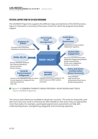 IV-30
Learning Journal
 Figure 4.18 COMMON THEMATIC AREAS FOR REDD+ NS/AP DESIGN AND TOOLS
- source: UN-REDD Programme
POTENTIAL SUPPORT FROM THE UN-REDD PROGRAMME
The UN-REDD Programme supports the different steps and elements of the NS/AP process.
Figure 4.18 presents a summary of the areas of work for which the programme provides
support.
The various tools offered are available to all partner countries. The tools are frequently used
with more than one result in mind and are often flexible (in that sense, they are approaches
more than tools). For example, a participatory governance assessment can help with
understanding drivers, strengthening safeguards and monitoring capacities.
 