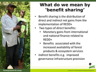 What do we mean by
    ‘benefit sharing’
• Benefit sharing is the distribution of
  direct and indirect net gains from the
  implementation of REDD+
• Two types of direct benefits:
   • Monetary gains from international
      and national finance related to
      REDD+
   • Benefits associated with the
      increased availability of forest
      products & ecosystem services
• Indirect benefits e.g. improved
  governance infrastructure provision
 