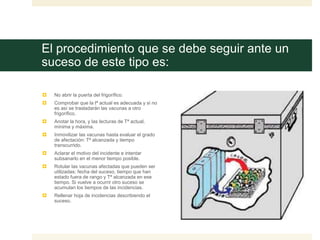 El procedimiento que se debe seguir ante un
suceso de este tipo es:
 No abrir la puerta del frigorífico.
 Comprobar que la tª actual es adecuada y si no
es así se trasladarán las vacunas a otro
frigorífico.
 Anotar la hora, y las lecturas de Tª actual,
mínima y máxima.
 Inmovilizar las vacunas hasta evaluar el grado
de afectación: Tª alcanzada y tiempo
transcurrido.
 Aclarar el motivo del incidente e intentar
subsanarlo en el menor tiempo posible.
 Rotular las vacunas afectadas que pueden ser
utilizadas: fecha del suceso, tiempo que han
estado fuera de rango y Tª alcanzada en ese
tiempo. Si vuelve a ocurrir otro suceso se
acumulan los tiempos de las incidencias.
 Rellenar hoja de incidencias describiendo el
suceso.
 