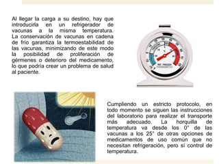 Al llegar la carga a su destino, hay que
introducirla en un refrigerador de
vacunas a la misma temperatura.
La conservación de vacunas en cadena
de frío garantiza la termoestabilidad de
las vacunas, minimizando de este modo
la posibilidad de proliferación de
gérmenes o deterioro del medicamento,
lo que podría crear un problema de salud
al paciente.
Cumpliendo un estricto protocolo, en
todo momento se siguen las instrucciones
del laboratorio para realizar el transporte
más adecuado. La horquilla de
temperatura va desde los 0° de las
vacunas a los 25° de otras opciones de
medicamentos de uso común que no
necesitan refrigeración, pero sí control de
temperatura.
 
