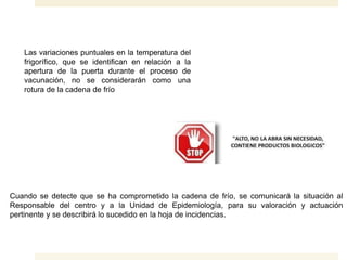 Cuando se detecte que se ha comprometido la cadena de frío, se comunicará la situación al
Responsable del centro y a la Unidad de Epidemiología, para su valoración y actuación
pertinente y se describirá lo sucedido en la hoja de incidencias.
Las variaciones puntuales en la temperatura del
frigorífico, que se identifican en relación a la
apertura de la puerta durante el proceso de
vacunación, no se considerarán como una
rotura de la cadena de frío
 