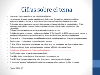 Cifras sobre el tema
•

1 de cada 6 personas enferma por maltrato en el trabajo.

•

Los gobiernos de varios países, principalmente de la Unión Europea han adelantado políticas
reglamentarias para controlar el acoso laboral dentro de sus lineamiento legales nacionales.

•

En América latina, el problema crece con la precarización laboral y la falta de oportunidades. En los
países en desarrollo las mujeres, los inmigrantes y los niños están entre los trabajadores más
vulnerables.
En Brasil, Uruguay y Argentina se han adelantado proyectos de Ley.

•

En Colombia, se ha formulado y reglamentado la Ley 1010 ( Enero 23 de 2006), para prevenir, corregir y
sancionar hostigamientos caracterizados como acoso, en el marco de las relaciones laborales.

•

En general, el 11% de personas activas laboralmente se consideran víctimas de acoso en sus empresas

•

Se traduce en 19 millones de jornadas laborales perdidas

•

El 50 al 60% de ausentismo es producido por estrés, a su vez ocasionado por situaciones de acoso.

•

En Europa, el costo de las pérdidas laborales asciende a 20.000 millones de Euros.

•

En Colombia, el Ministerio de Protección Social estima .................................................

•

En 45% de los casos el agente de acoso es el Jefe

•

En el 44% de los casos el agente de acoso es un compañero o par.

•

En el 2.5% de los casos, el superior sufre de acoso por parte de sus subordinados.

•

El tiempo de “aguante” de la situación de las personas que sufren acoso es de 15 a 18 meses.

•

Fuente: OMS, OIT

 
