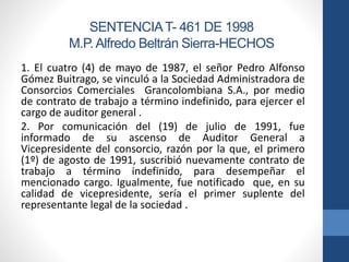 SENTENCIA T- 461 DE 1998
M.P. Alfredo Beltrán Sierra-HECHOS
1. El cuatro (4) de mayo de 1987, el señor Pedro Alfonso
Gómez Buitrago, se vinculó a la Sociedad Administradora de
Consorcios Comerciales Grancolombiana S.A., por medio
de contrato de trabajo a término indefinido, para ejercer el
cargo de auditor general .
2. Por comunicación del (19) de julio de 1991, fue
informado de su ascenso de Auditor General a
Vicepresidente del consorcio, razón por la que, el primero
(1º) de agosto de 1991, suscribió nuevamente contrato de
trabajo a término indefinido, para desempeñar el
mencionado cargo. Igualmente, fue notificado que, en su
calidad de vicepresidente, sería el primer suplente del
representante legal de la sociedad .

 