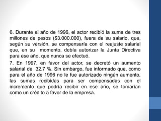 6. Durante el año de 1996, el actor recibió la suma de tres
millones de pesos ($3.000.000), fuera de su salario, que,
según su versión, se compensaría con el reajuste salarial
que, en su momento, debía autorizar la Junta Directiva
para ese año, que nunca se efectuó.
7. En 1997, en favor del actor, se decretó un aumento
salarial de 32.7 %. Sin embargo, fue informado que, como
para el año de 1996 no le fue autorizado ningún aumento,
las sumas recibidas para ser compensadas con el
incremento que podría recibir en ese año, se tomarían
como un crédito a favor de la empresa.

 