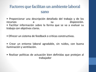 Factores que facilitan un ambiente laboral
sano
• Proporcionar una descripción detallada del trabajo y de los
recursos
a
su
disposición.
• Facilitar información sobre la forma que se va a evaluar su
trabajo con objetivos claros.
• Ofrecer un sistema de feedback o criticas constructivas.
• Crear un entorno laboral agradable, sin ruidos, con buena
iluminación y ventilación.
• Realizar políticas de actuación bien definidas que protejan al
trabajador

 