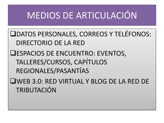 MEDIOS DE ARTICULACIÓN
DATOS PERSONALES, CORREOS Y TELÉFONOS:
DIRECTORIO DE LA RED
ESPACIOS DE ENCUENTRO: EVENTOS,
TALLERES/CURSOS, CAPÍTULOS
REGIONALES/PASANTÍAS
WEB 3.0: RED VIRTUAL Y BLOG DE LA RED DE
TRIBUTACIÓN
 