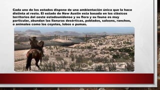 Cada uno de los estados dispone de una ambientación única que la hace
distinta al resto. El estado de New Austin esta basada en los clásicos
territorios del oeste estadounidense y su flora y su fauna es muy
particular, abundan las llanuras desérticas, poblados, saloons, ranchos,
o animales como los coyotes, lobos o pumas.
 