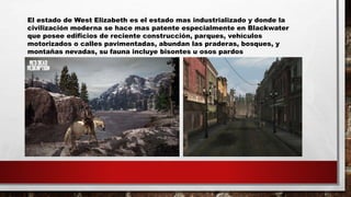 El estado de West Elizabeth es el estado mas industrializado y donde la
civilización moderna se hace mas patente especialmente en Blackwater
que posee edificios de reciente construcción, parques, vehículos
motorizados o calles pavimentadas, abundan las praderas, bosques, y
montañas nevadas, su fauna incluye bisontes u osos pardos
 